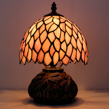 WERFACTORY Desk Pink Small Tiffany Lamp Wisteria Style Stained Glass Mushroom Table Lamp Bronze Mini Accent Lamp